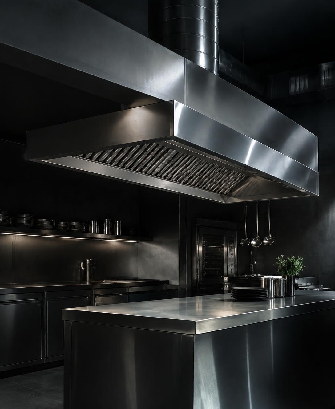 Cozinha profissional em aço inoxidável com hotte impecável
